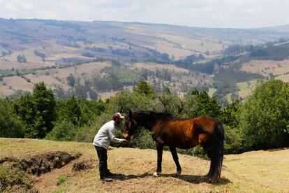 Santiago Páez acaricia a Cronos, caballo adoptado, en la finca El Imperio.