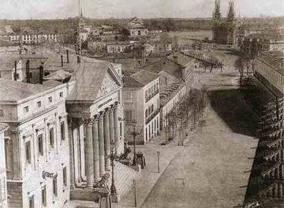 Palacio de las Cortes con San Jerónimo en plena reforma. Foto de Charles Clifford en 1853.