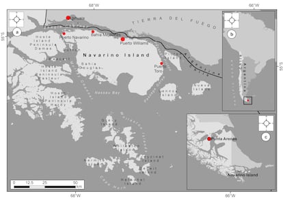 Map of Puerto Williams' location in Chile's Patagonia region.