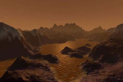 En la imagen, una recreación realizada por Steven Hobbs de los estanques de hidrocarbono y del terreno rocoso de la luna Titán.
