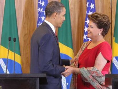 Obama e Dilma durante encontro em Bras&iacute;lia, em 2011. 