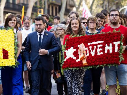 El presidente de la Generalitat, Pere Aragonès, este lunes durante la tradicional ofrenda floral en el monumento a Rafael Casanova.