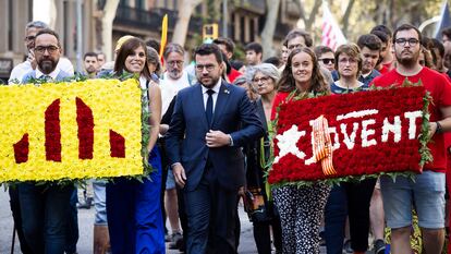 El presidente de la Generalitat, Pere Aragonès, este lunes durante la tradicional ofrenda floral en el monumento a Rafael Casanova.