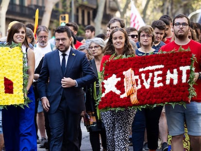 El presidente de la Generalitat, Pere Aragonès, este lunes durante la tradicional ofrenda floral en el monumento a Rafael Casanova.