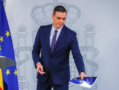 El presidente del Gobierno, Pedro Sánchez, en rueda de prensa tras la reunión del Consejo de Ministros, este martes en el Palacio de la Moncloa.