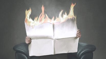 Ilustración de un hombre leyendo un periódico en llamas.