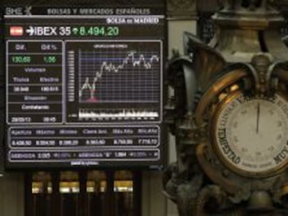 Monitor en la Bolsa de Madrid que informa sobre el principal indicador de la Bolsa espa&ntilde;ola, el IBEX 35.