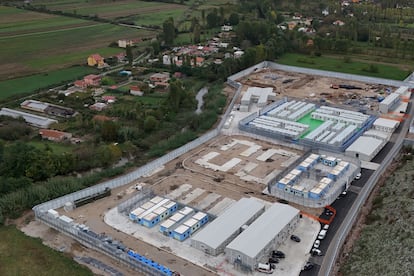 Aerial view of the migrant detention camp opened by Italy in Gazadar, Albania.