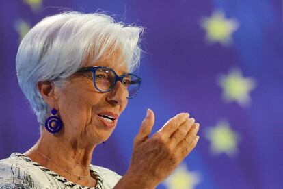 La presidenta del BCE, Christine Lagarde, durante su última rueda de prensa en Fráncfort.