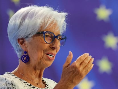 La presidenta del BCE, Christine Lagarde, durante su última rueda de prensa en Fráncfort.