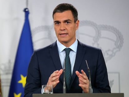 Spain's Prime Minister Pedro Sanchez delivers an official statement on the government's position on the political crisis in Venezuela, in Madrid, Spain.