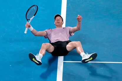 Jannik Sinner of Italy celebrates after defeating Daniil Medvedev of Russia in the men's singles final at the Australian Open tennis championship in Melbourne, Australia, Sunday, Jan. 28, 2024.