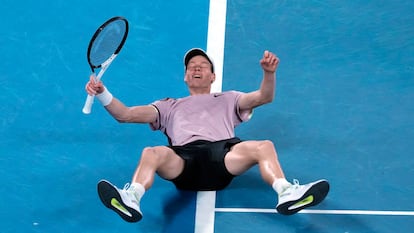 Jannik Sinner of Italy celebrates after defeating Daniil Medvedev of Russia in the men's singles final at the Australian Open tennis championship in Melbourne, Australia, Sunday, Jan. 28, 2024.