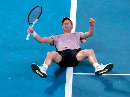 Jannik Sinner of Italy celebrates after defeating Daniil Medvedev of Russia in the men's singles final at the Australian Open tennis championship in Melbourne, Australia, Sunday, Jan. 28, 2024.