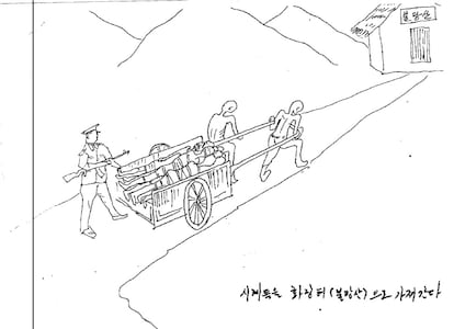 Uno de los dibujos entregados por Kim Kwang-il a la comisión de investigación de la ONU, en los que el exprisonero describe las torturas y las brutales condiciones de vida en los campos de trabajos norcoreanos.