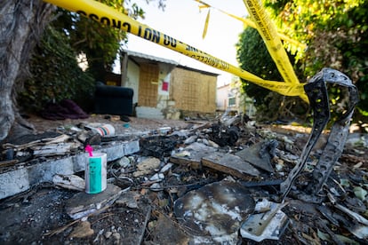 An image of the house that Anne Heche crashed into on August 5, 2022, in a photograph from August 14.