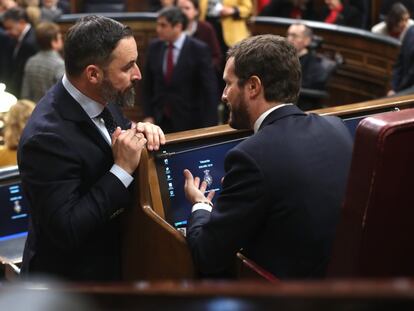 El presidente del Partido Popular, Pablo Casado (derecha) y el líder de Vox, Santiago Abascal, conversan en el Congreso.