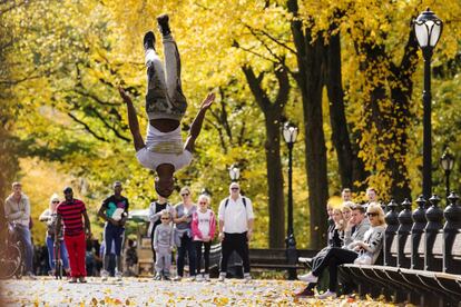 Un artista callejero actua entre los colores del otoño en Central Park (Nueva York), 29 de octubre de 2015.