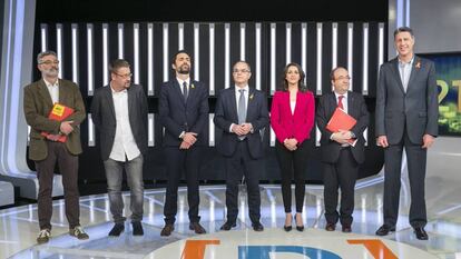 Debate electoral en TVE con candidatos de Junts per Catalunya, CUP, Ciudadanos, ERC, PSC, Catalu&ntilde;a en Com&uacute; y PP.