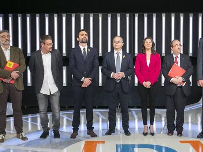 Debate electoral en TVE con candidatos de Junts per Catalunya, CUP, Ciudadanos, ERC, PSC, Catalu&ntilde;a en Com&uacute; y PP.