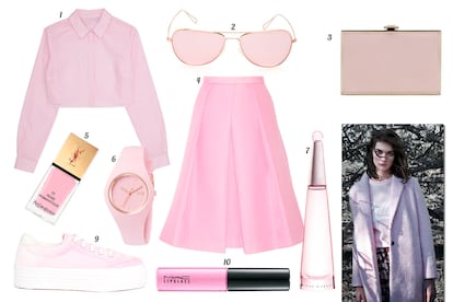 1. Asos Camisa cropped de rayas. 2. Isabel Marant para Oliver Peoples Gafas de sol con montura de metal. 3. Zara Bolso tipo caja. 4. Tibi Falda midi de vuelo. 5. Yves Saint Laurent Laca de uñas 'La Laque Couture-Rose Romantique'. 6. Ice-Watch Reloj con detalles dorados. 7. Issey Miyake Eau de toilette 'L'Eau d'Issey Florale'. 8. Pull & Bear. 9. Asos Sneaker de terciopelo. 10. M·A·C Lipglass.