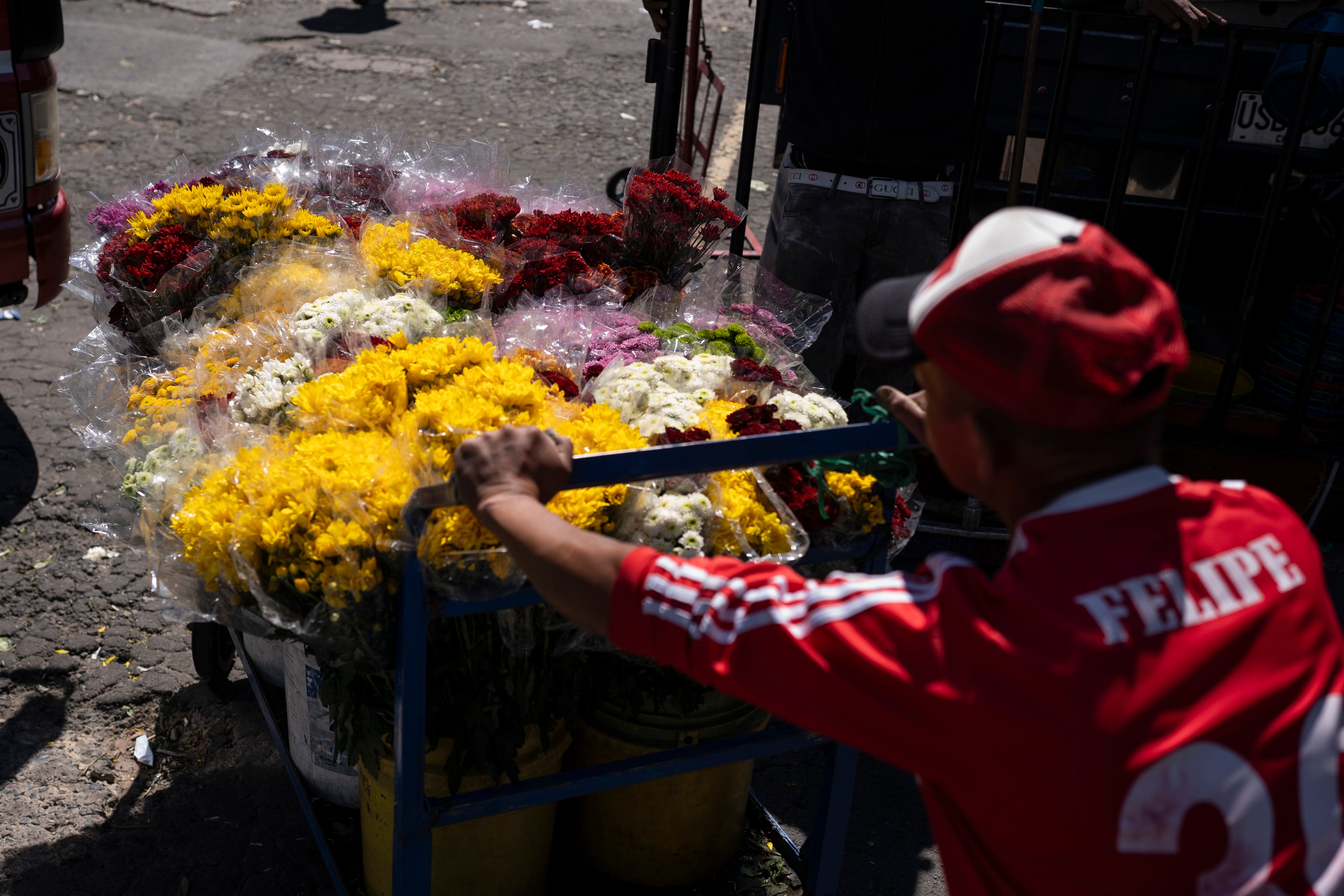 Un joven empuja un carro de carga repleto de flores, en el mercado de la plaza de Paloquemao.