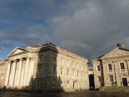 The shadow of the Trinity College bell tower over other university buildings, in Dublin, during the Bram Stoker Festival.
