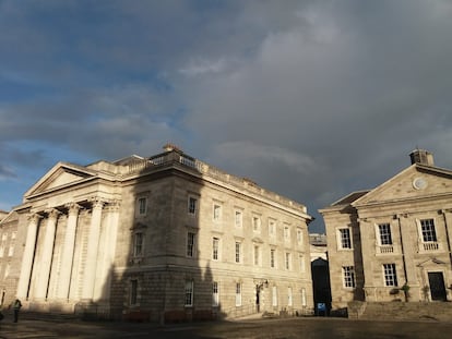 The shadow of the Trinity College bell tower over other university buildings, in Dublin, during the Bram Stoker Festival.