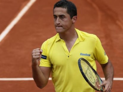 Almagro celebra su victoria en cuartos ante el serbio Tipsarevic.