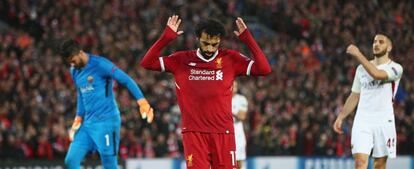 Salah celebra su segundo gol ante la Roma, este lunes.