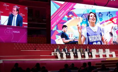 El presidente de PRISA, durante su intervención en el foro Doha Goal.