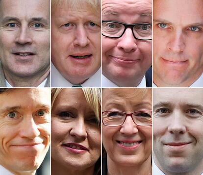 Primera fila, de izquierda a derecha: Jeremy Hunt, ministro de Relaciones Exteriores; Boris Johnson, ex alcalde de Londres; Michael Gove, ministro de medio ambiente; Dominic Raab, ex ministro para el Brexit. Segunda fila: Rory Stewart, el ministro de Desarrollo Internacional; Esther McVey, Andrea Leadsom, ¡y el secretario de bienestar social, Matt Hancock.