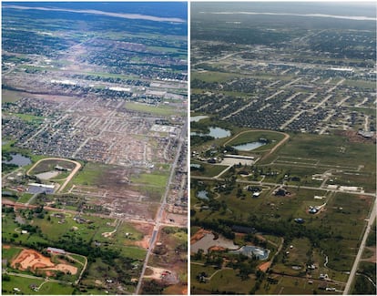Combinación de dos fotos aéreas que muestran el paso del tornado que arrasó la ciudad de Moore el 20 de marzo de 2013 y el estado actual de la ciudad, un año después.