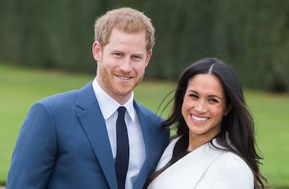 O príncipe Harry e a atriz Meghan Markle durante o anúncio do noivado do casal.