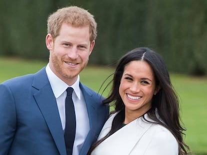 O príncipe Harry e a atriz Meghan Markle durante o anúncio do noivado do casal.