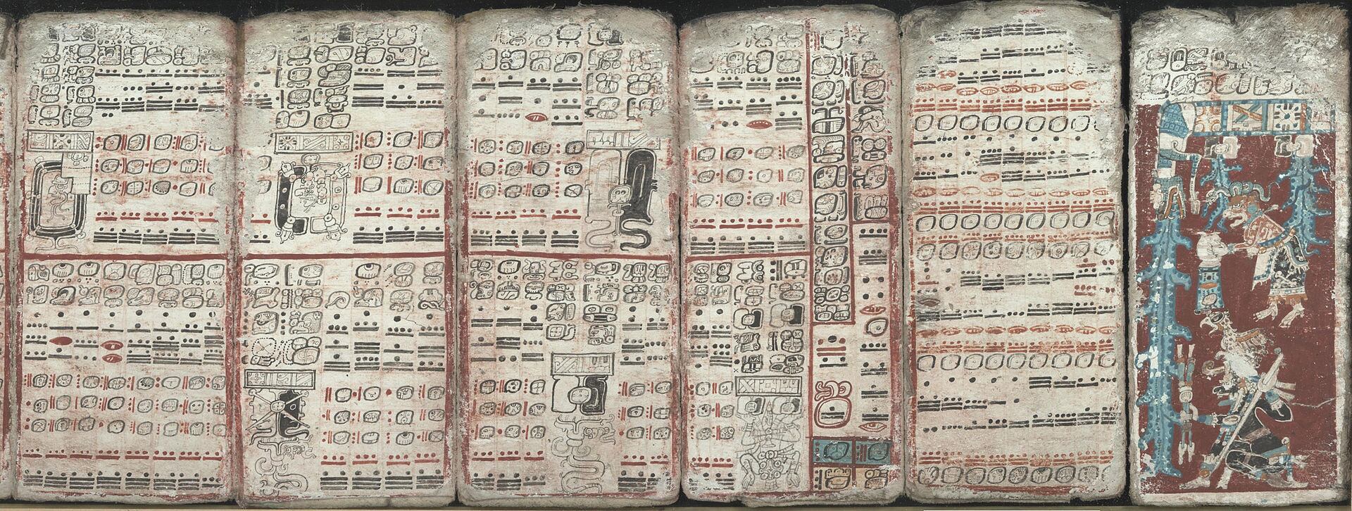 Seis páginas del códice de Dresde, que ilustran temas como eclipses, operaciones matemáticas e inundaciones.