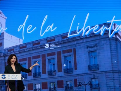 La presidenta de la Comunidad de Madrid, Isabel Díaz Ayuso, durante el Congreso Autonómico Extraordinario de Nuevas Generaciones del PP, el día 5 en Madrid.