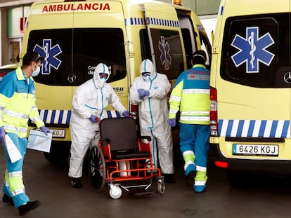 Emergency workers at a hospital in Madrid.