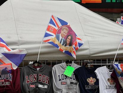 Flags are seen for sale ahead of the forthcoming wedding of Britain's Prince Harry and his fiancee Meghan Markle, on Oxford Street in London, Britain, May 11, 2018. REUTERS/Toby Melville
