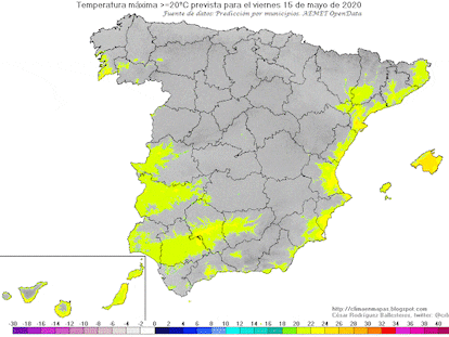 Zonas con temperatura máxima mayor o igual a 20 ºC de viernes a miércoles. CÉSAR RODRÍGUEZ BALLESTEROS / AEMET