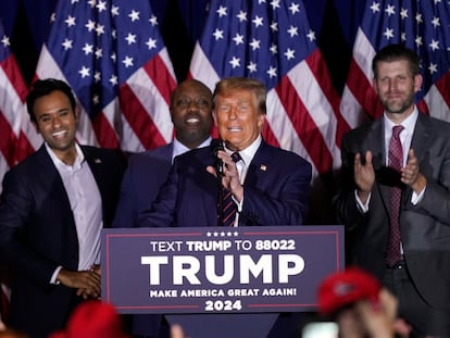 Donald Trump, durante el acto con sus seguidores tras su triunfo electoral, en Nashua (New Hampshire).
