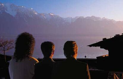 May, Taylor y Deacon, miembros de Queen, en Suiza.