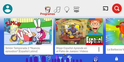 Página principal de la aplicación de YouTube Kids.