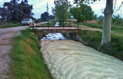 Aspecto que presentaba ayer por la mañana el ramal del canal de Urgell, lleno de espuma.