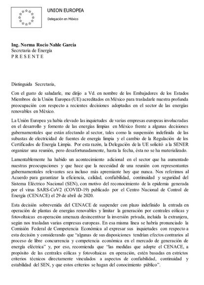 Carta de la UE al Gobierno mexicano.