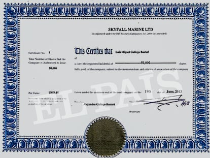 Copia del certificado de acciones de Skyfall Marine a nombre de Luis Miguel Pandora Papers