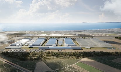 Imagen virtual de la futura gigafactoría de Volkswagen en Sagunto sobre los terrenos en los que se ubicará.