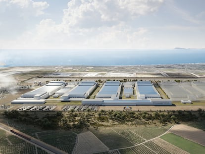 Imagen virtual de la futura gigafactoría de Volkswagen en Sagunto sobre los terrenos en los que se ubicará.