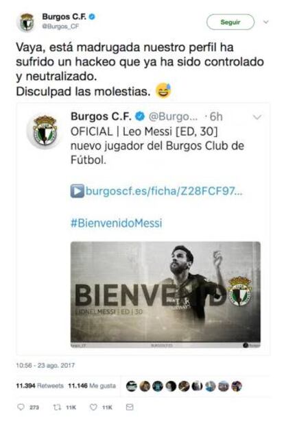 El tuit del Burgos CF que anuncia el fichaje de Leo Messi.