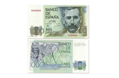 Imagen de Benito Pérez Galdós en un billete de 1.000 pesetas, con las Cañadas del Teide y el Drago milenario en el reverso.
